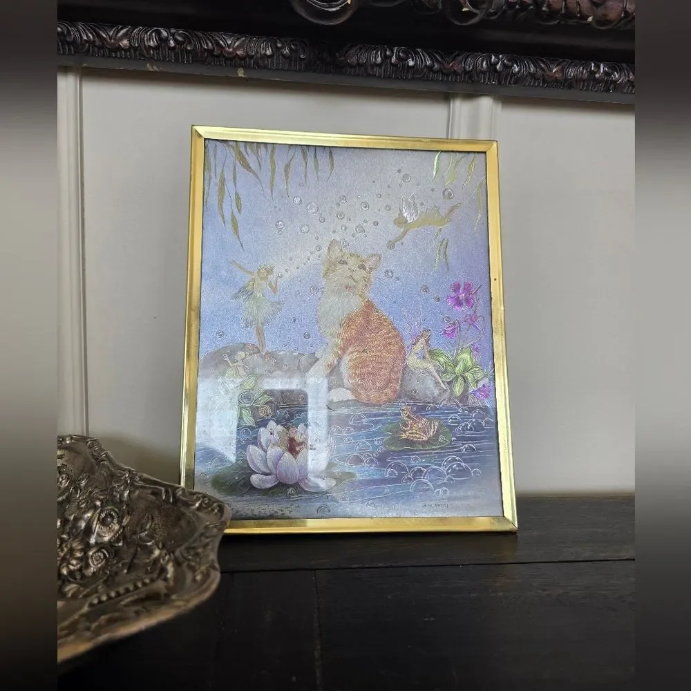 Jean Henry Cat and Fairies Dufex Foil Art  Gold Framed Vintage Fantasy